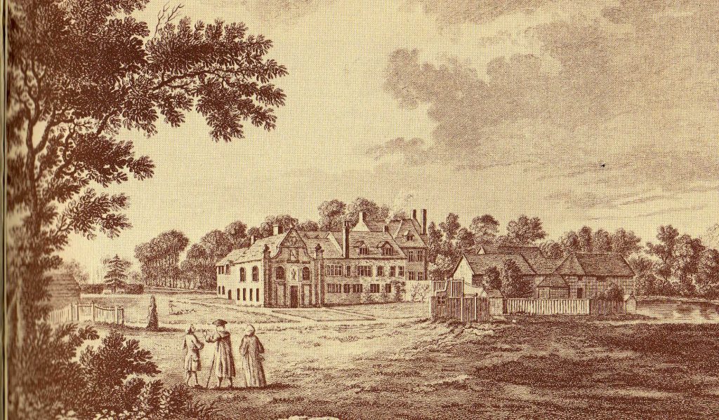 pencil drawing of an open space with a square of brick buildings. 