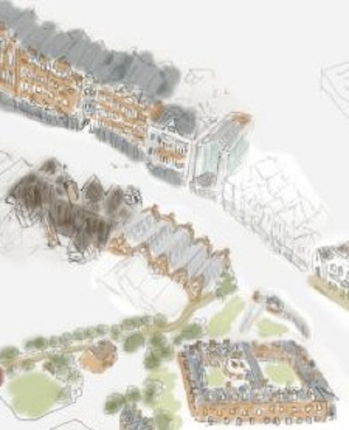 drawing of old buildings in streets