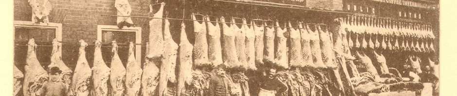 sepia picture of butchers with carcasses hung out for sale