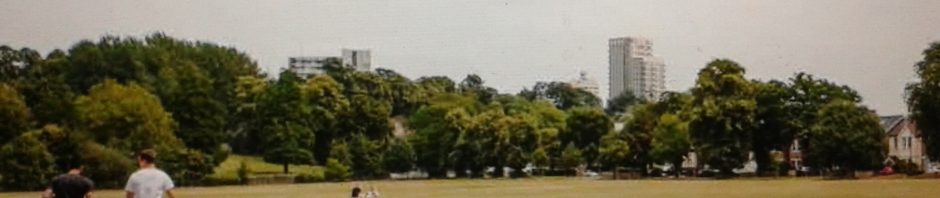 Grassy park with Churchill Theatre peeping over trees