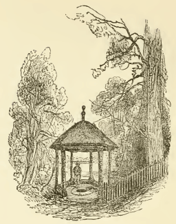 drawing of hexagonal roof on pillars over well