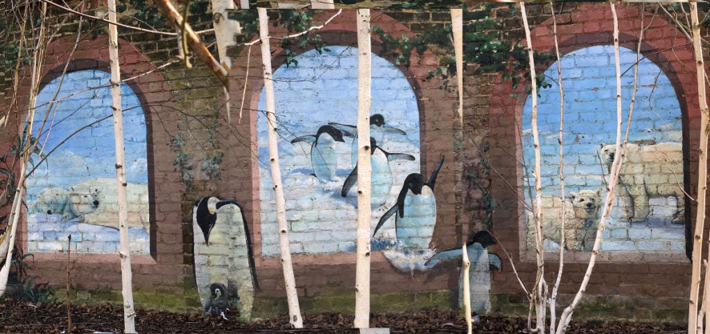 the penguins stepping out of the zoo mural