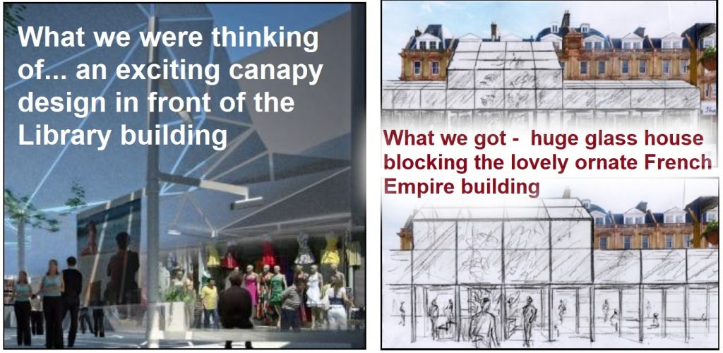 Huge glass house blocking the lovely building behind