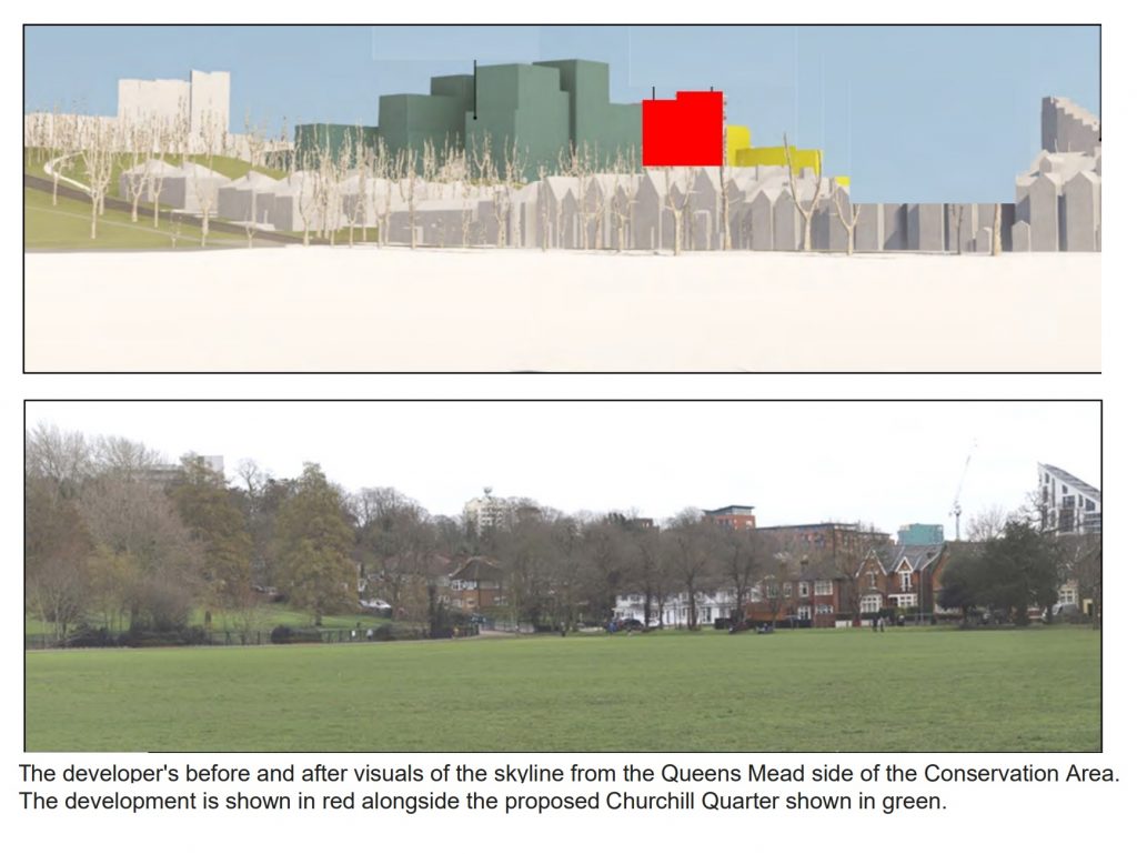 coloured blocks of high-rises marching over the hill crest